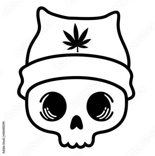 Rastaman skull with hat and marijuana leaf. Skull weed. Cute skull in a hat with a hemp leaf. Sketch Illustration in hand drawn style isolated on white background