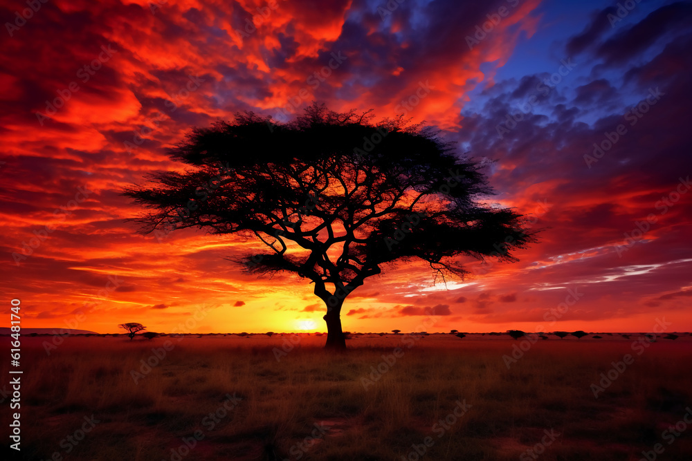 Vibrant colors of the African sunset. AI generative