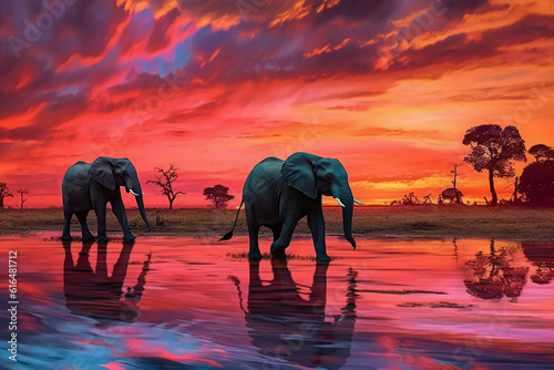 Vibrant colors of the African sunset. AI generative