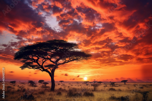 Vibrant colors of the African sunset. AI generative