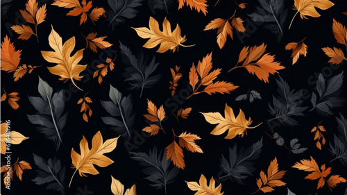 A seamless pattern with autumn leaves on a dark background, Generative AI