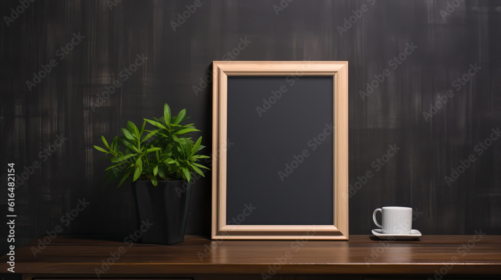 Black wooden frame mockup standing on table in dark, Mockups Design 3D, HD Black wooden frame mockup standing on table in dark, Mockups Design 3D, HD