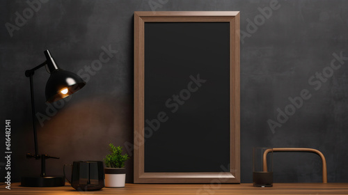 Black wooden frame mockup standing on table in dark, Mockups Design 3D, HD