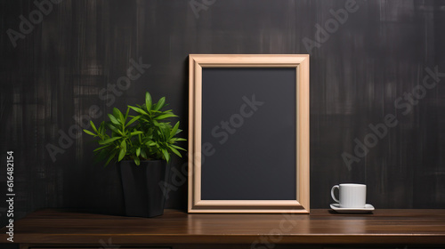 Black wooden frame mockup standing on table in dark, Mockups Design 3D, HD