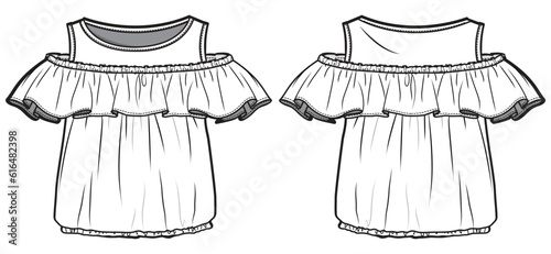 Kids Girl Ruffle Cold Shoulder Top Front and Back View. Fashion Flat Sketch Vector Illustration, CAD, Technical Drawing, Flat Drawing, Template, Mockup.