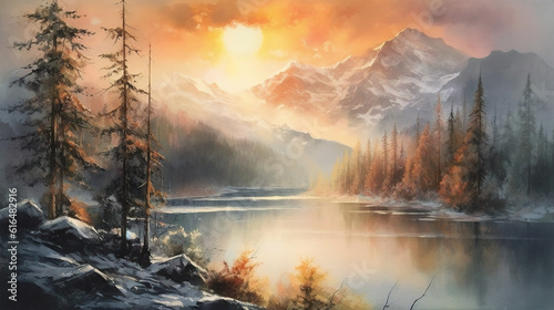 Mountains at beautiful sunrise time painted by watercolor, Generative AI