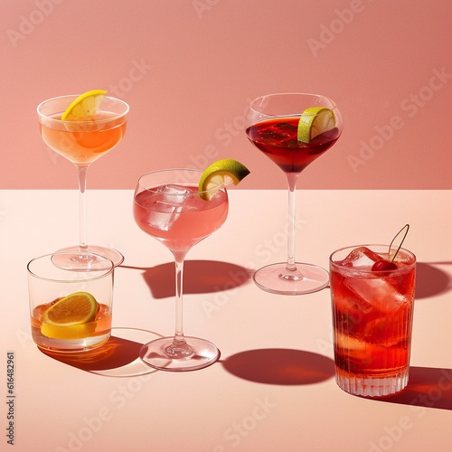A vibrant array of stemware filled with an array of unique cocktails, ranging from cosmopolitans to punsches, come together to create a stunning and inviting display of color, taste, and sophisticati