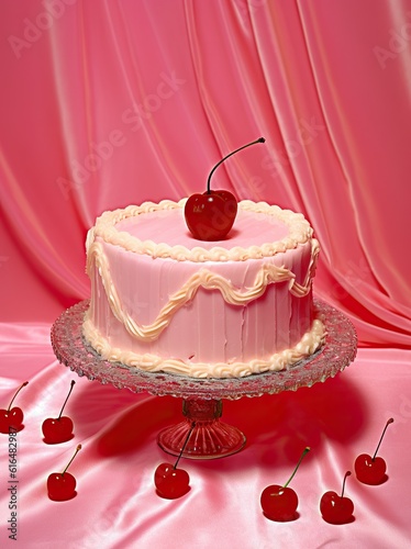 A delectable pink wedding cake topped with a single red cherry, tantalizing the senses with its creamy buttercream frosting and sugary fondant glaze, brings sweetness and joy to any birthday celebrat photo