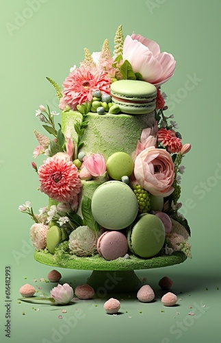 A beautiful bouquet of roses in a jar sits atop a luscious cake adorned with delicate macaroons, creating an enchanting and inviting atmosphere photo