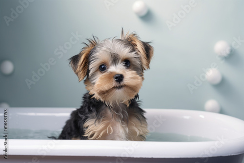 Yorkshire terrier puppy in the bathtub.Front view.Created with generative ai