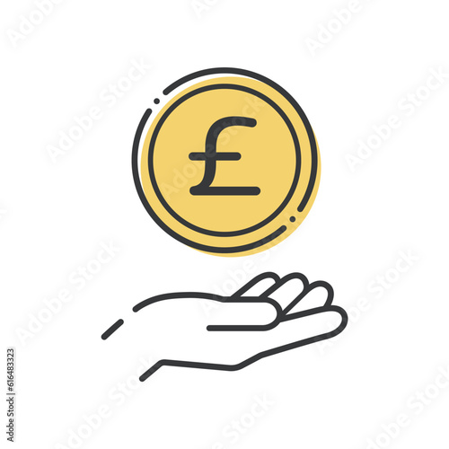 £の文字が入ったシンプルなコインと人の手のアイコン- イギリスなどの通貨･ポンドのイメージ
