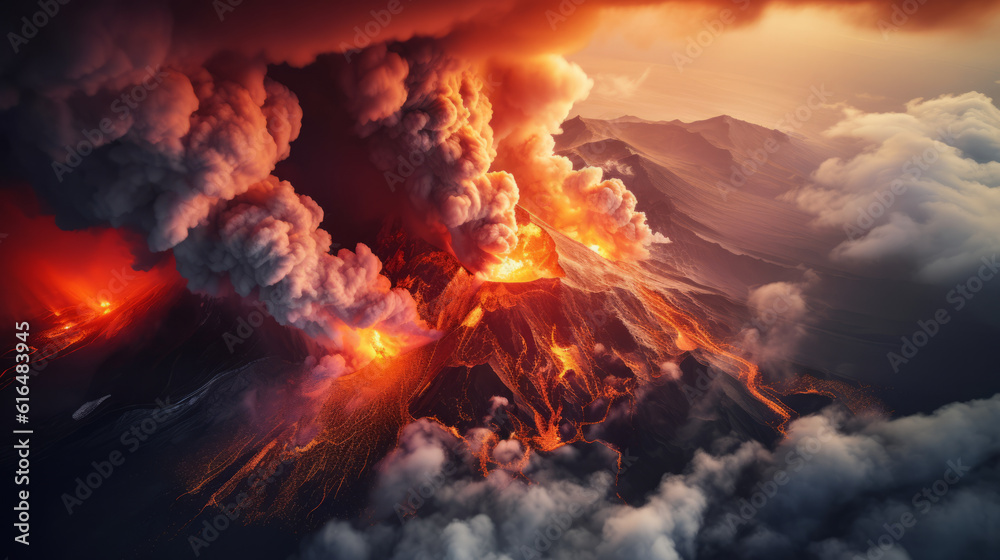 Volcanic eruption aerial view with smoke and lava explosion