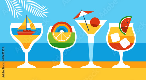 Summer poster design with summer cocktail drink. Minimal geometrical print background for banner or greeting card