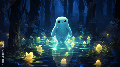 Lovely cute glowing ghost in a magical swamp animation style character