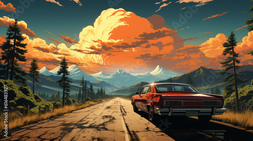 Illustration of a red car on a lonely straight road in middle of nature landscape , road trip background concept