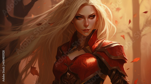 Illustration of a fantasy female blood elf in red armor photo