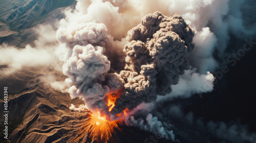 Volcanic eruption aerial view with smoke and lava explosion
