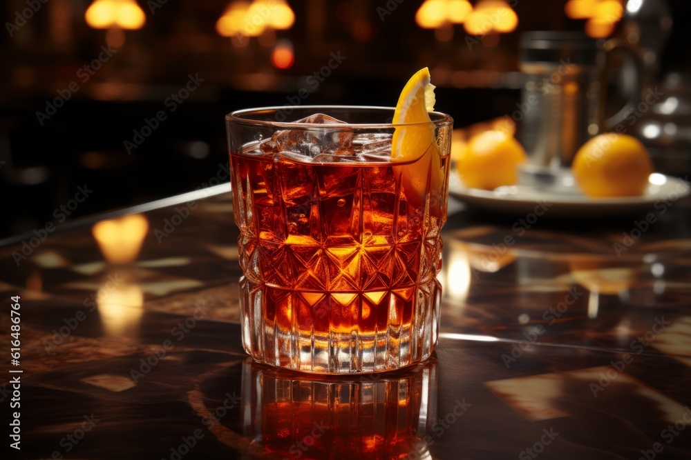 Illustration of a close-up of a refreshing glass of Negroni on a wooden bar created with Generative AI technology