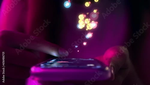 women receive likes social media network application. Animation like icons emotion Social, love, success, wow, laugh, delighted, pleased, happy, influencer concept animation. blue, purple, neon