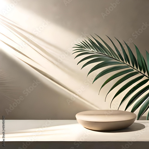 Miniature 3d podium and tabletop plant on with white ceramic vase on a desk. The tropical evergreen vine  green leaf on jar  The tropical foliage plant. Generative Ai. 