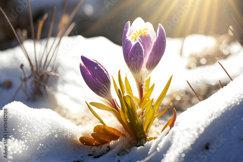 Springtime Crocus Flower Growth In The Snow created with generative AI technology