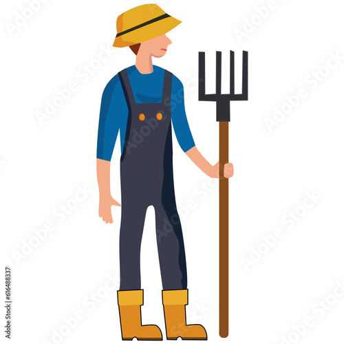 Cartoon young farmer in straw hat and holding rake