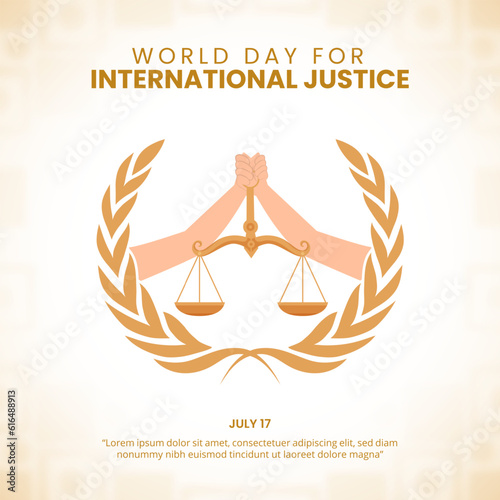 World Day for international justice background with hands holding a scale