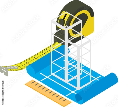 Building project icon isometric vector. Building structure and measuring ruler. Graphic idea, architecture, construction