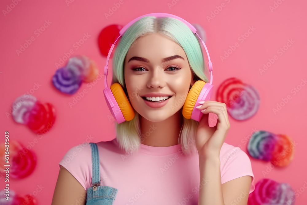 Trendy Young beautiful woman with pink headphones, on a pink background. Generative Ai Trendy Young beautiful woman with pink headphones, on a pink background. Generative Ai