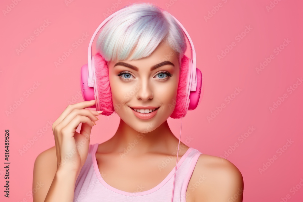 Naklejka premium Trendy Young beautiful woman with headphones, on a pink background. Generative Ai