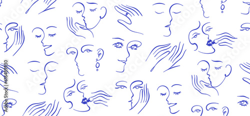 Continuous one line drawing abstract face seamless