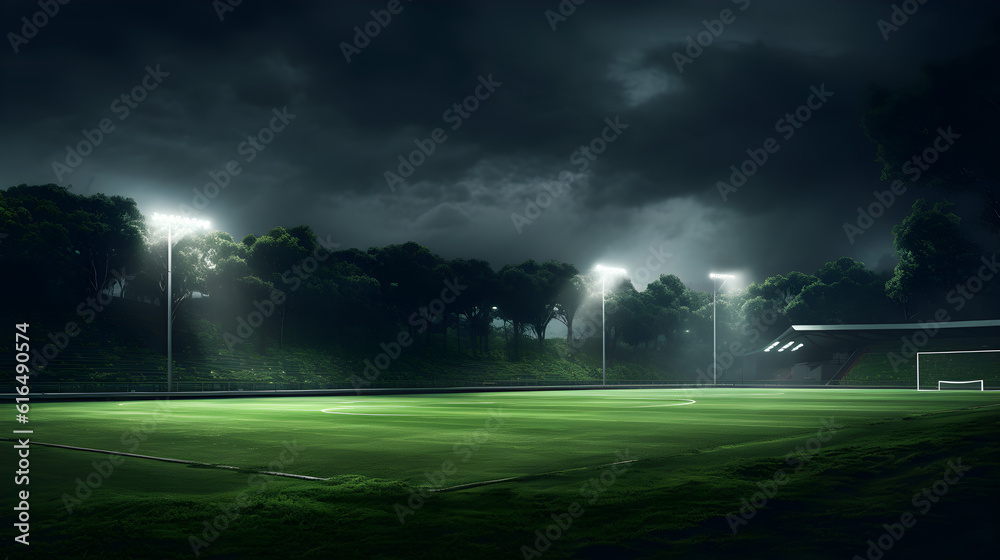 Secluded grass soccer stadium under spotlights at night with trees in the background, generative AI Secluded grass soccer stadium under spotlights at night with trees in the background, generative AI
