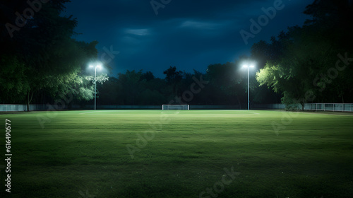 illuminated soccer pitch with goalpost and vivid green grass under the night sky, outdoor sports arena, generative AI