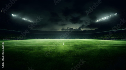 Fotografie, Tablou Secluded stadium at night under bright spotlights, soccer field with dark sky and lights, dramatic sports scene, generative AI