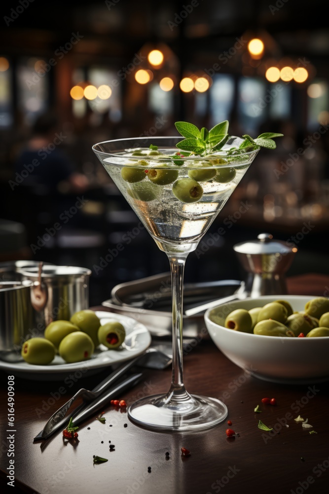 Illustration of a classic martini cocktail with olives in a stemmed glass on a bar created with Generative AI technology