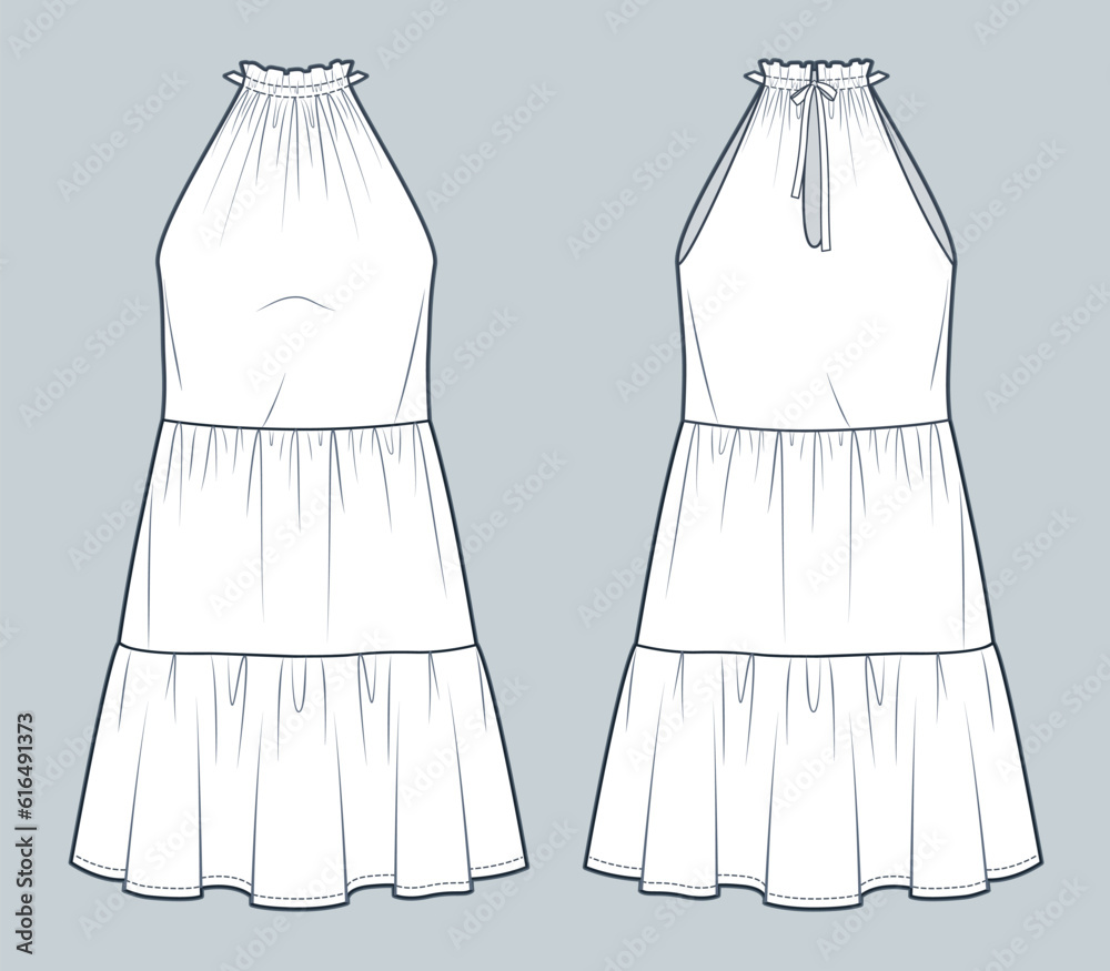 Halter Dress technical fashion illustration. Tiered Dress fashion flat ...