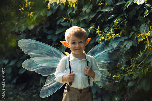 elf boy with wings walking in the park