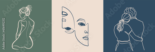 Surreal Faces Continuous line, drawing of set faces and hairstyles, fashion concept, woman's beauty, minimalist, vector illustration, pretty sexy. Love yourself and take care of yourself.