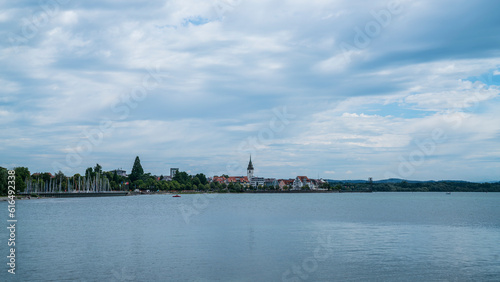 Obraz na płótnie Germany, Friedrichshafen city coast skyline church houses of bodensee lake panorama view in summer w salonie