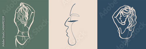 Surreal Faces Continuous line, drawing of set faces and hairstyles, fashion concept, woman's beauty, minimalist, vector illustration, pretty sexy. Love yourself and take care of yourself.