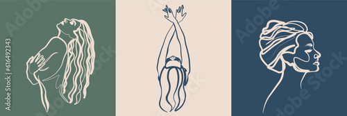 Surreal Faces Continuous line, drawing of set faces and hairstyles, fashion concept, woman's beauty, minimalist, vector illustration, pretty sexy. Love yourself and take care of yourself.