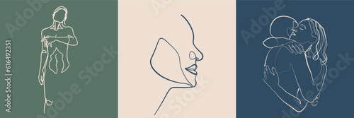 Surreal Faces Continuous line, drawing of set faces and hairstyles, fashion concept, woman's beauty, minimalist, vector illustration, pretty sexy. Love yourself and take care of yourself.