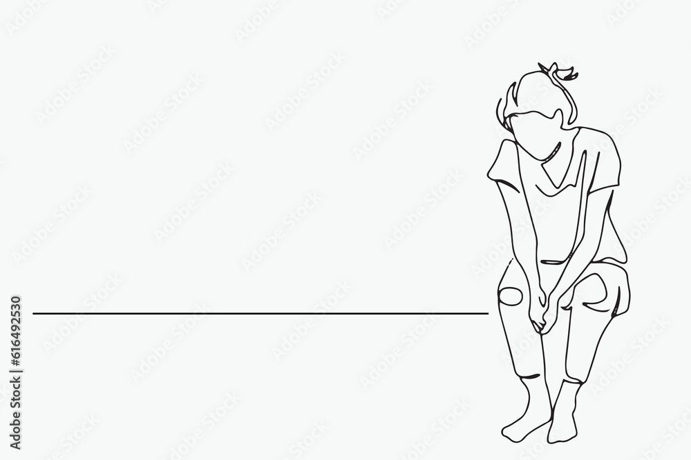 continuous line Woman is stressed, sick, depressed, depressed, worried, health concept, illustration, vector