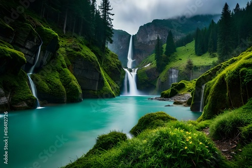 A cascading waterfall plunging down a mountainside  surrounded by lush green vegetation and creating a mesmerizing display of nature s power.  1 
