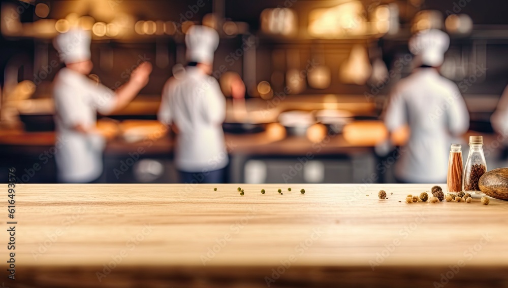 Wooden table on blur chefs cooking in the kitchen background in Restaurant Wooden table on blur chefs cooking in the kitchen background in Restaurant