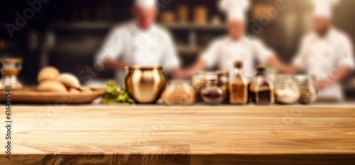 Wooden table on blur chefs cooking in the kitchen background in Restaurant