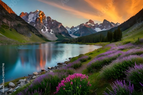 A remote alpine meadow, blanketed in vibrant green grass and colorful wildflowers, with snow-capped mountains towering in the background.