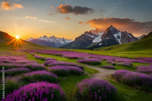 A remote alpine meadow  blanketed in vibrant green grass and colorful wildflowers  with snow-capped mountains towering in the background.