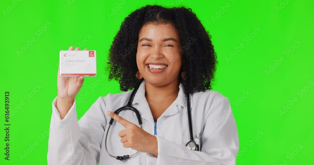 Pointing, green screen or happy woman doctor with business card for advertising healthcare. Portrait, face or excited nurse with hand gesture to show promotion offer, deal or information in studio Pointing, green screen or happy woman doctor with business card for advertising healthcare. Portrait, face or excited nurse with hand gesture to show promotion offer, deal or information in studio