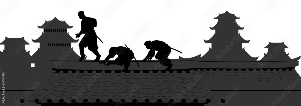 Εκτύπωση καμβά Vector illustration of the ninjas are sneaking up on the roof top to carry out a